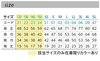ドライポロシャツのサイズ