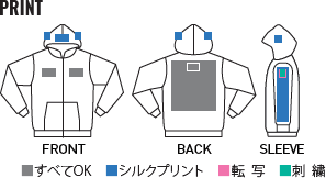 ドライ裏フリースジップパーカーのプリントサイズ