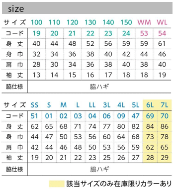 ドライTシャツのサイズ