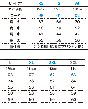 スーパーヘビー長袖Tシャツのサイズ