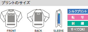 ラグランベースボールTシャツのプリントサイズ